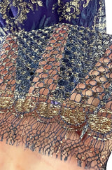1970s Lanvin by Jules-Francois Crahay Demi-Couture Metallic Gold Detailing Blue Dress