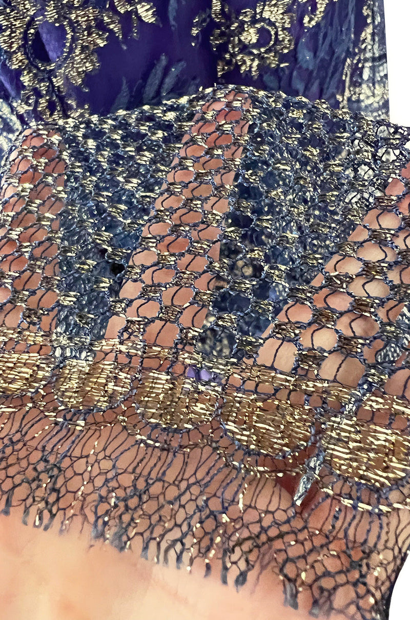 1970s Lanvin by Jules-Francois Crahay Demi-Couture Metallic Gold Detailing Blue Dress