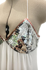 Late 1970s Ossie Clark White Jersey w Silver & Bronze Sequin Halter Dress w Matching Jacket