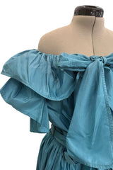 Spectacular 1970s Yves Saint Laurent Deep Turquoise Blue Silk Off Shoulder Fuffled Top & Matching Skirt Set