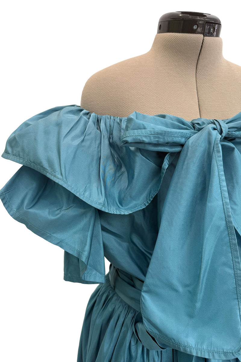 Spectacular 1970s Yves Saint Laurent Deep Turquoise Blue Silk Off Shoulder Fuffled Top & Matching Skirt Set