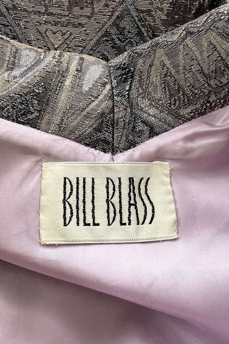 Incredible Fall 1970 Bill Blass Runway Pink Patterned Gold Metallic Thread Dress w Wide Sleeves