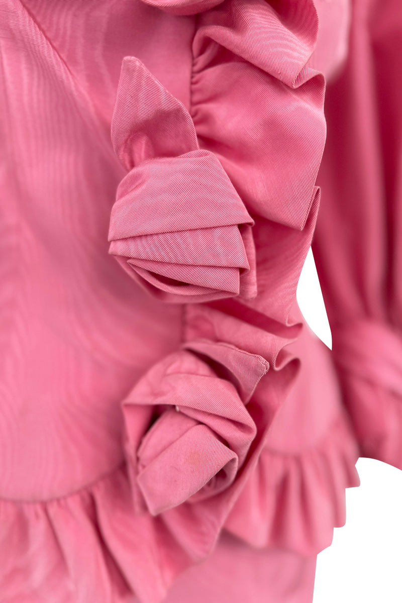 Phenomenal Spring 1988 Jean Louis Scherrer Haute Couture Pink Ruffle Suit w Balloon Sleeves
