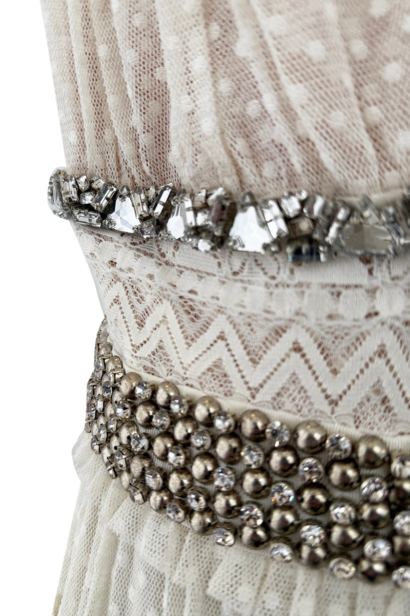 Gorgeous 2010s Lanvin Blanche by Alber Elbaz Dotted Net Plunge Dress w Rhinestone Details