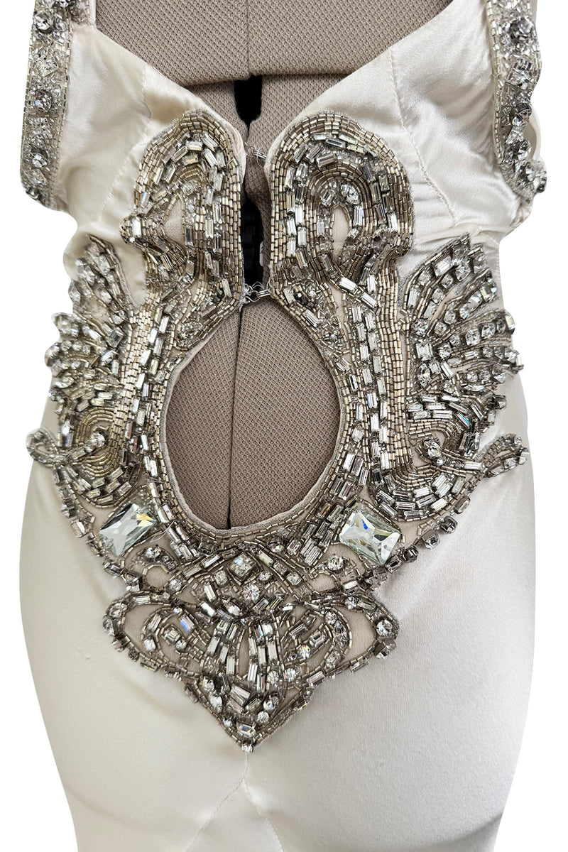 Iconic Spring 2006 Roberto Cavalli Front Plung & Open Back Heavily Detailed w Rhinestone Bias Cut Ivory Silk Dress
