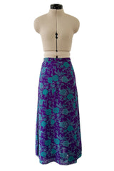 1976 Christian Dior by Marc Bohan Printed Purple & Turquoise Silk Chiffon Skirt & Jacket Set