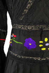 Beautiful 1960s Original Mexican Tourist Black Pin Tuck Dress w Hand Embroidered Flowers