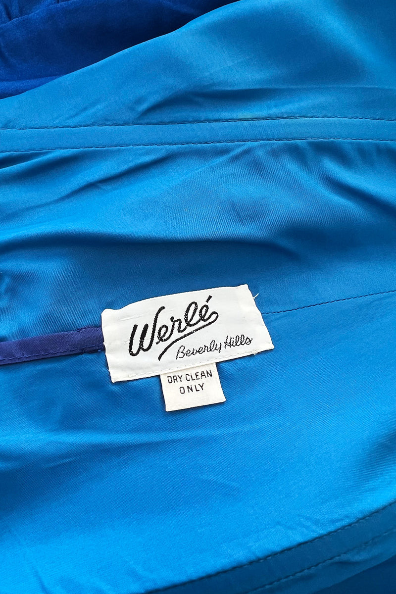 Wonderful 1980s Dan Werle Brillant Blue Silk Dress w Ruffled Off Shoulder Neckline