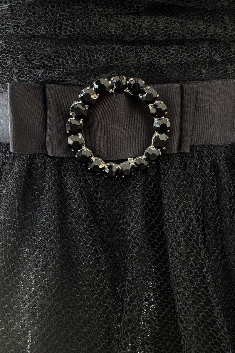 Fantastic Spring 1987 Yves Saint Laurent Strapless Dotted Silk Net Strapless Dress w Rhinestone Detail & Full Lower Skirts