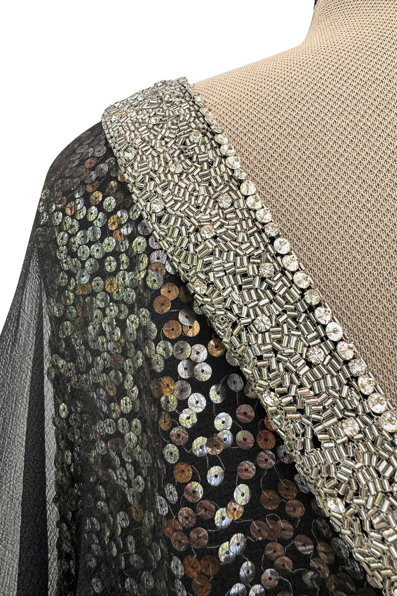 V Neck & Back 1990s Nina Ricci Black Silk Chiffon Caftan Dress w Sequin Bead & Rhinestone Detailing