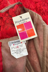 Amazing Spring 1992 Yves Saint Laurent Runway Red Lace Strapless Dress w Grosgrain Detailing