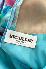 Prettiest 1970s Richilene Pastel Turquoise & Pink Floral Print Silk & Silk Chiffon Dress w Balloon Sleeves