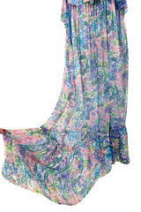 Spectacular Spring 1978 Christian Dior by Marc Bohan Blue Floral Silk Chiffon Dress w Ribbon Straps