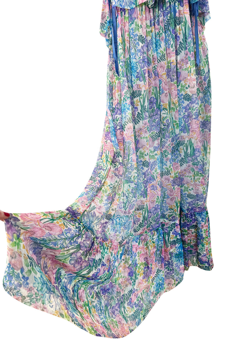 Spectacular Spring 1978 Christian Dior by Marc Bohan Blue Floral Silk Chiffon Dress w Ribbon Straps