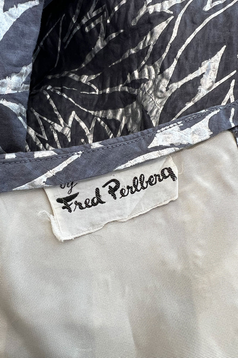 Amazing 1950s Fred Perlberg Hand Painted Silver & Gray Strapless Dress w Pleated Shelf Bust