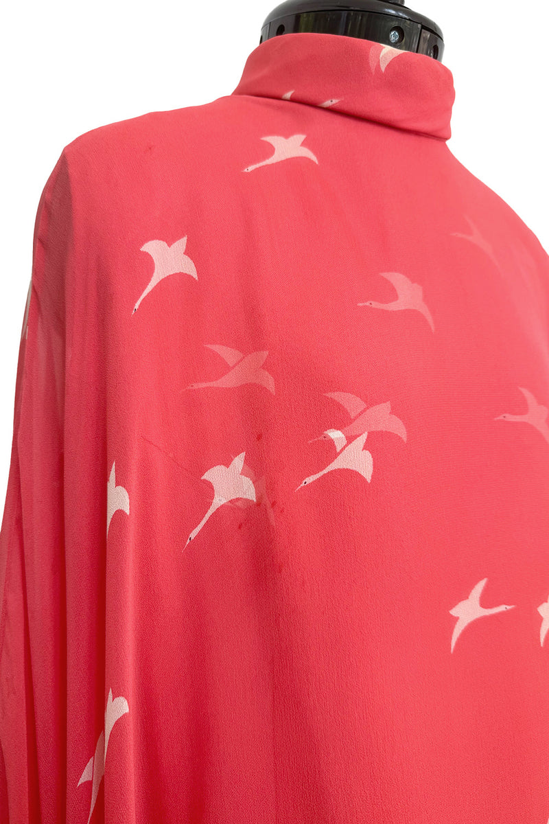 Important Fall 1972 Hanae Mori Couture Ad & Book Piece Silk Chiffon Printed & Ruffled One Sleeve Caftan Dress