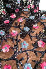 Sheer Fall 2024 Giorgio Armani Sample Deep Blue Net Dress w Embroidered Cotton Pink & Blue Flowers