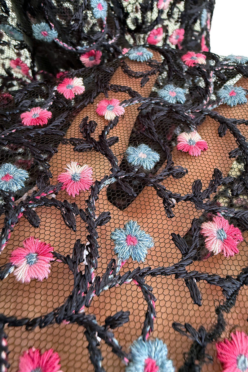 Sheer Fall 2024 Giorgio Armani Sample Deep Blue Net Dress w Embroidered Cotton Pink & Blue Flowers