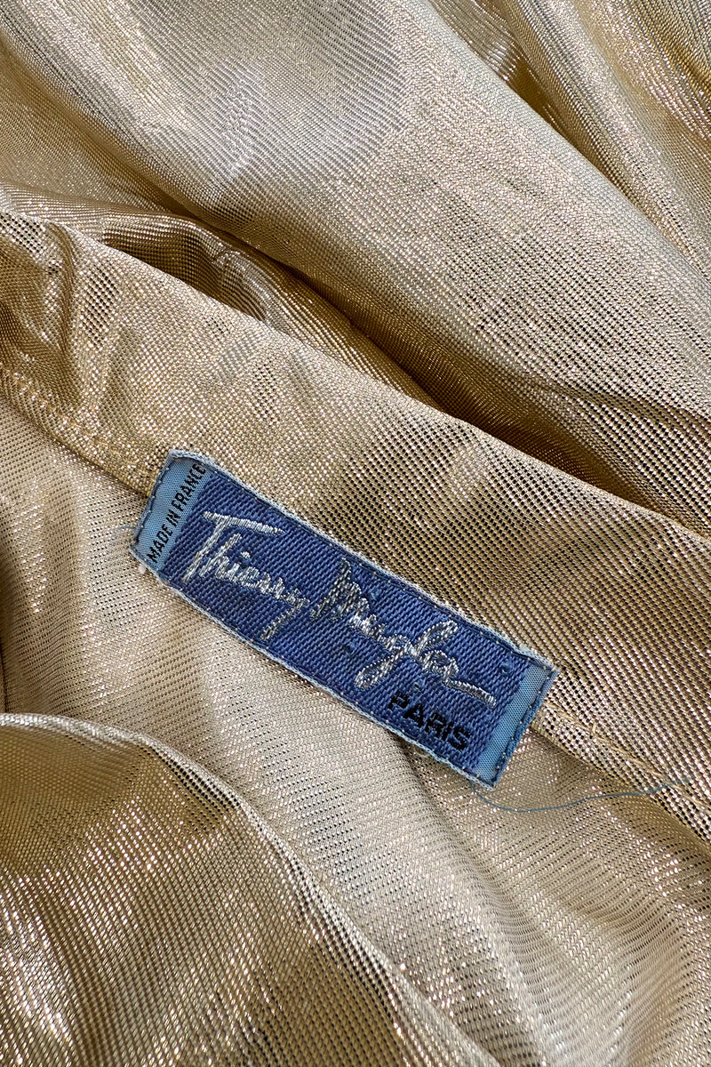 Museum Held 1986 Thierry Mugler Gold Feather Light Lame Dress w Gathered Sides