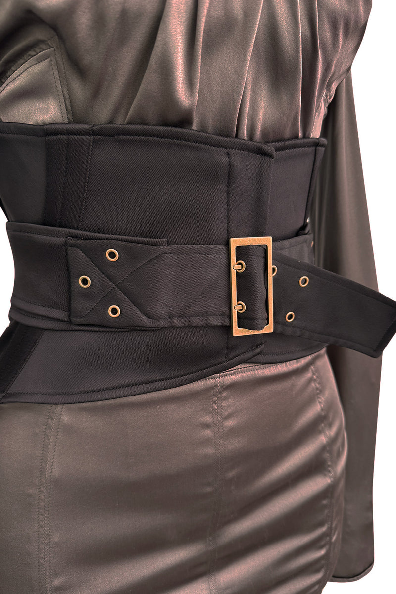 Important Fall 2003 Gucci by Tom Ford Runway Look 10 Stretch Silk Dress w Black Corset Waist Cincher Belt