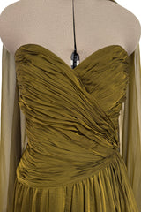 Fall 1989 Oscar de la Renta Iridescent Green Gold Silk Chiffon Strapless Dress w Matching Cape