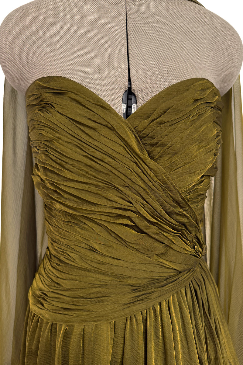 Fall 1989 Oscar de la Renta Iridescent Green Gold Silk Chiffon Strapless Dress w Matching Cape