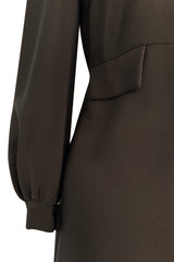 Elegant 1970s Madame Gres Haute Couture Chocolate Brown Day Dress w Full Sleeves & Collar