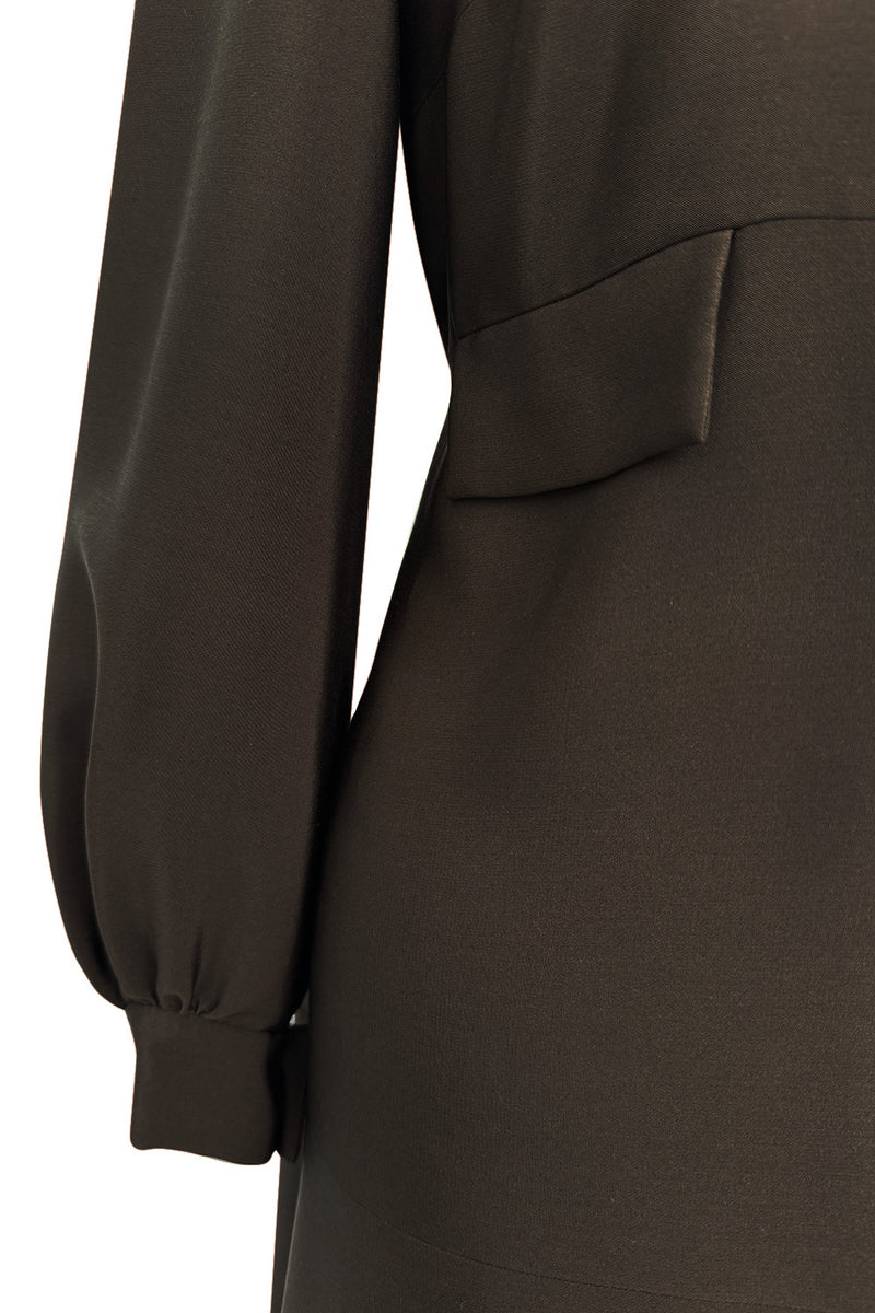 Elegant 1970s Madame Gres Haute Couture Chocolate Brown Day Dress w Full Sleeves & Collar