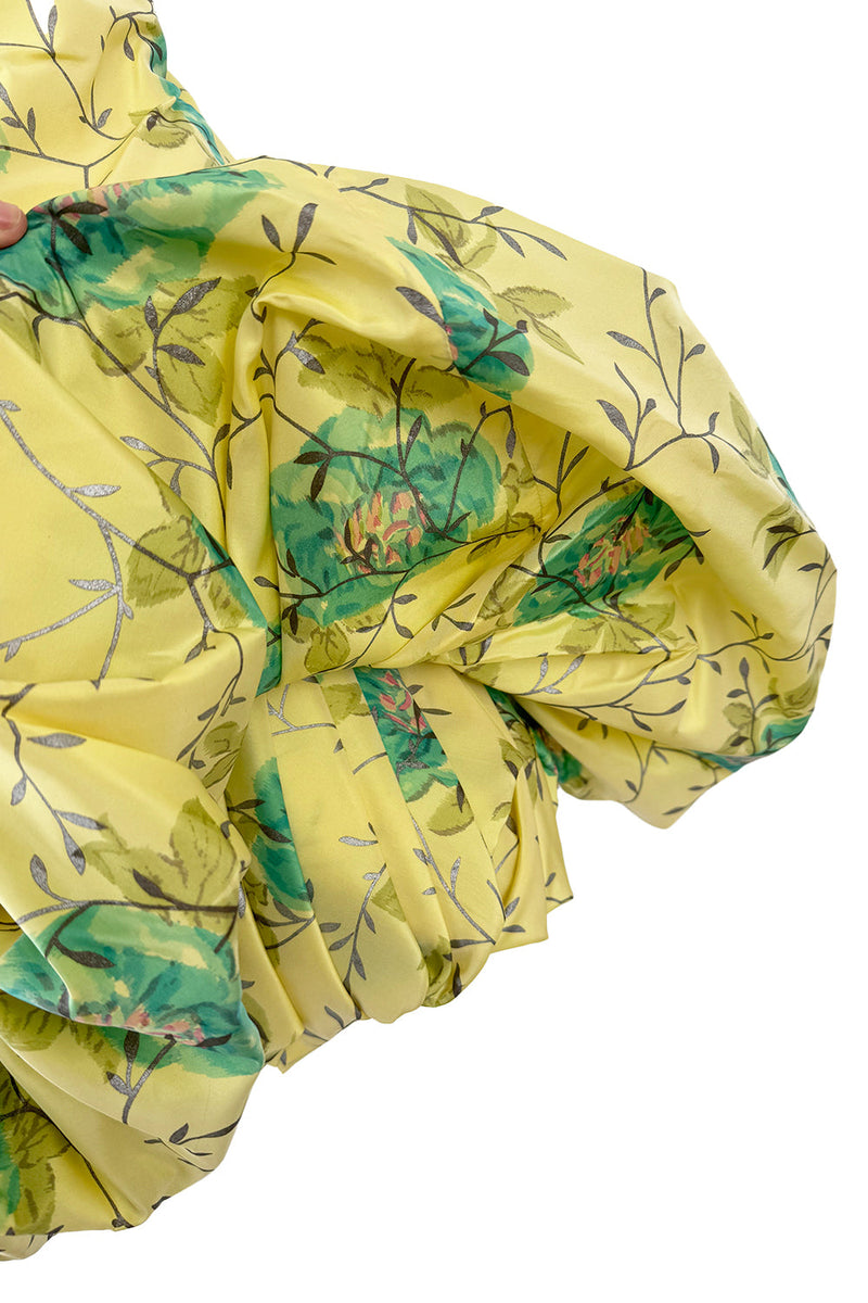 Documented Spring 1988 Emanuel Ungaro Pale Yellow Silk Taffeta Strapless Dress w Floral Print