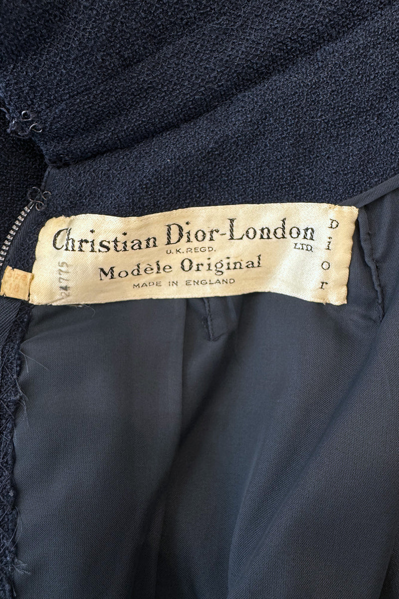 Late 1950s Christian Dior London by Marc Bohan Numbered Blue Shift Dress w Button Detailing