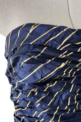 Very Rare Fall 1986 Chanel by Karl Lagerfeld Blue & Gold Strapless w Removable Sleeves
