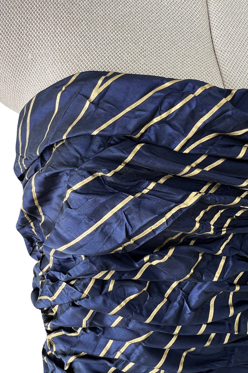 Very Rare Fall 1986 Chanel by Karl Lagerfeld Blue & Gold Strapless w Removable Sleeves