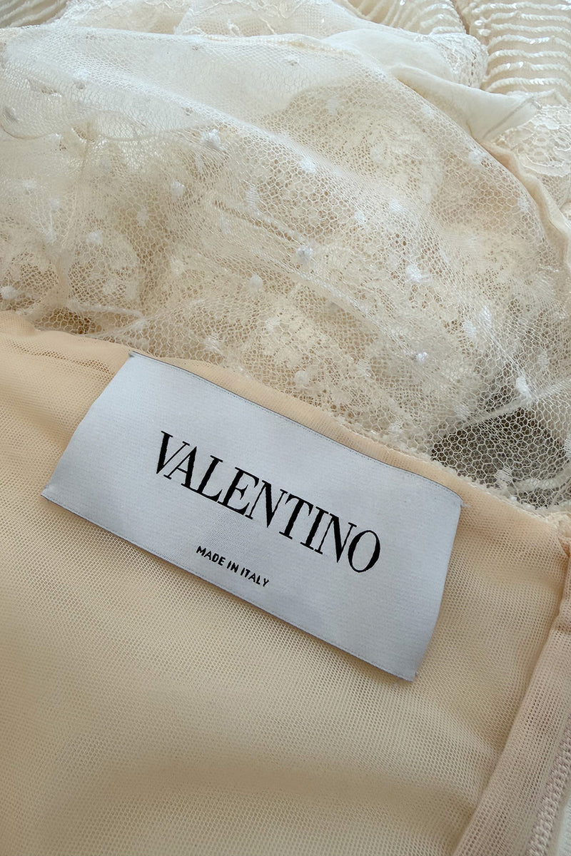 2012 Valentino by Pierpaolo Piccioli & Maria Grazia Chiuri Tiered Ivory Lace Net Dress w Sequin & Bead Detailing