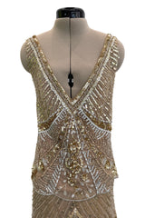 Prettiest 2000s Valentino Roma Metallic Gold Sequin & Bead Silk Chiffon on Netting Top and Skirt Set