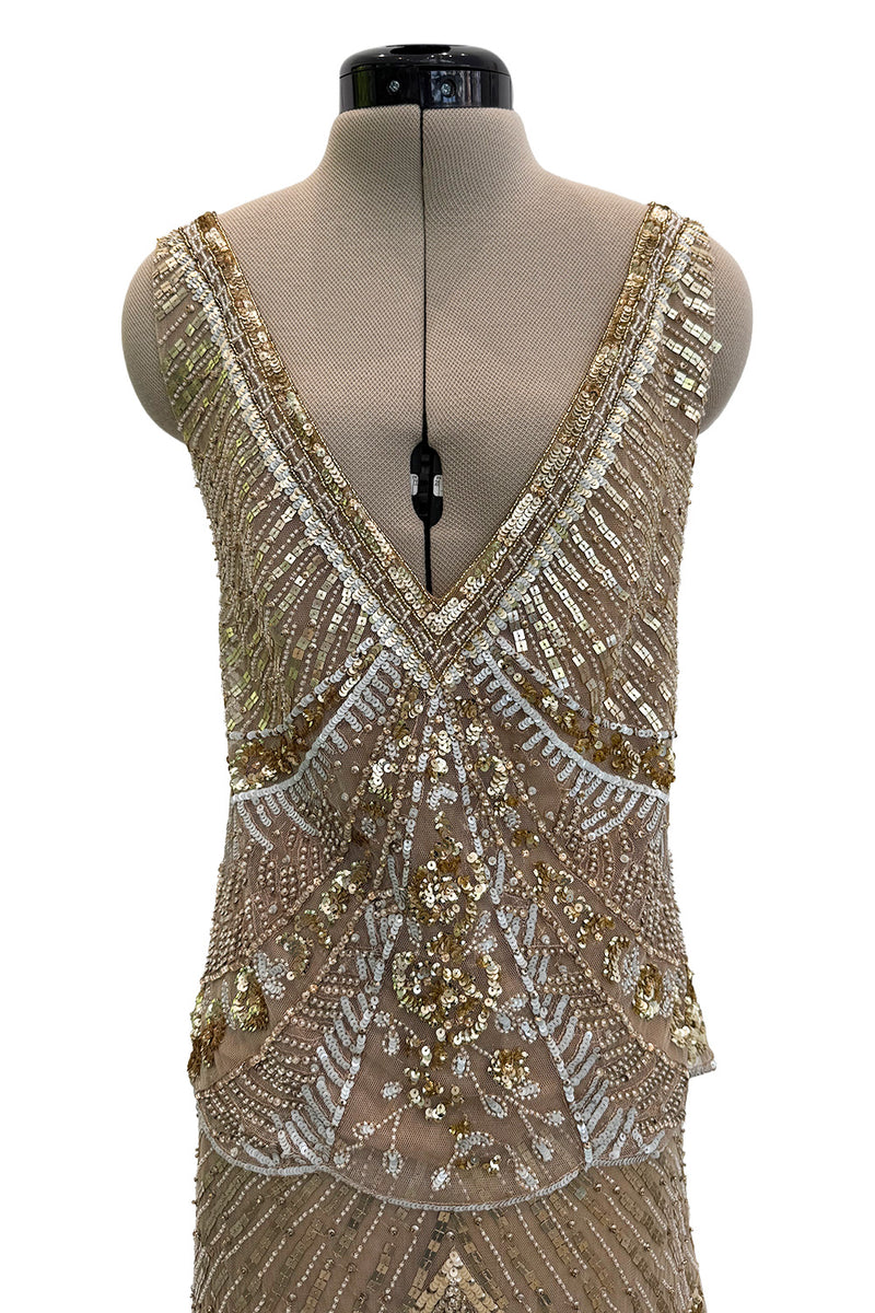 Prettiest 2000s Valentino Roma Metallic Gold Sequin & Bead Silk Chiffon on Netting Top and Skirt Set