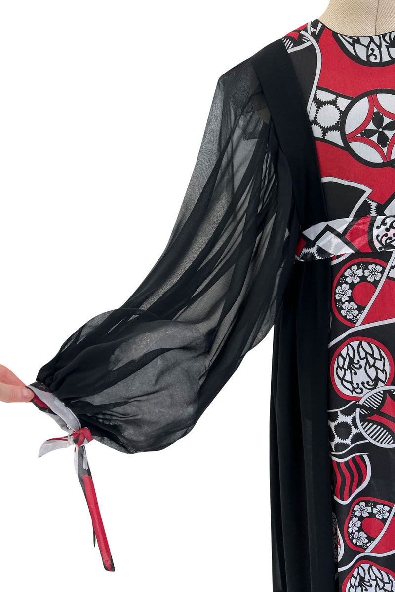 Extraordinary 1969 Thea Porter Black Silk Chiffon Dress w Red Print & Huge Balloon Sleeves