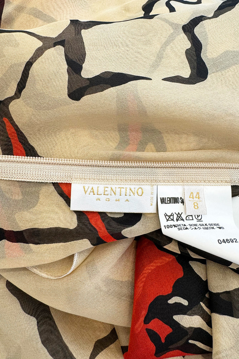 Gorgeous Early 2000s Valentino Roma Bias Cut Floral Print Dress w Bright Pops of Coral Red