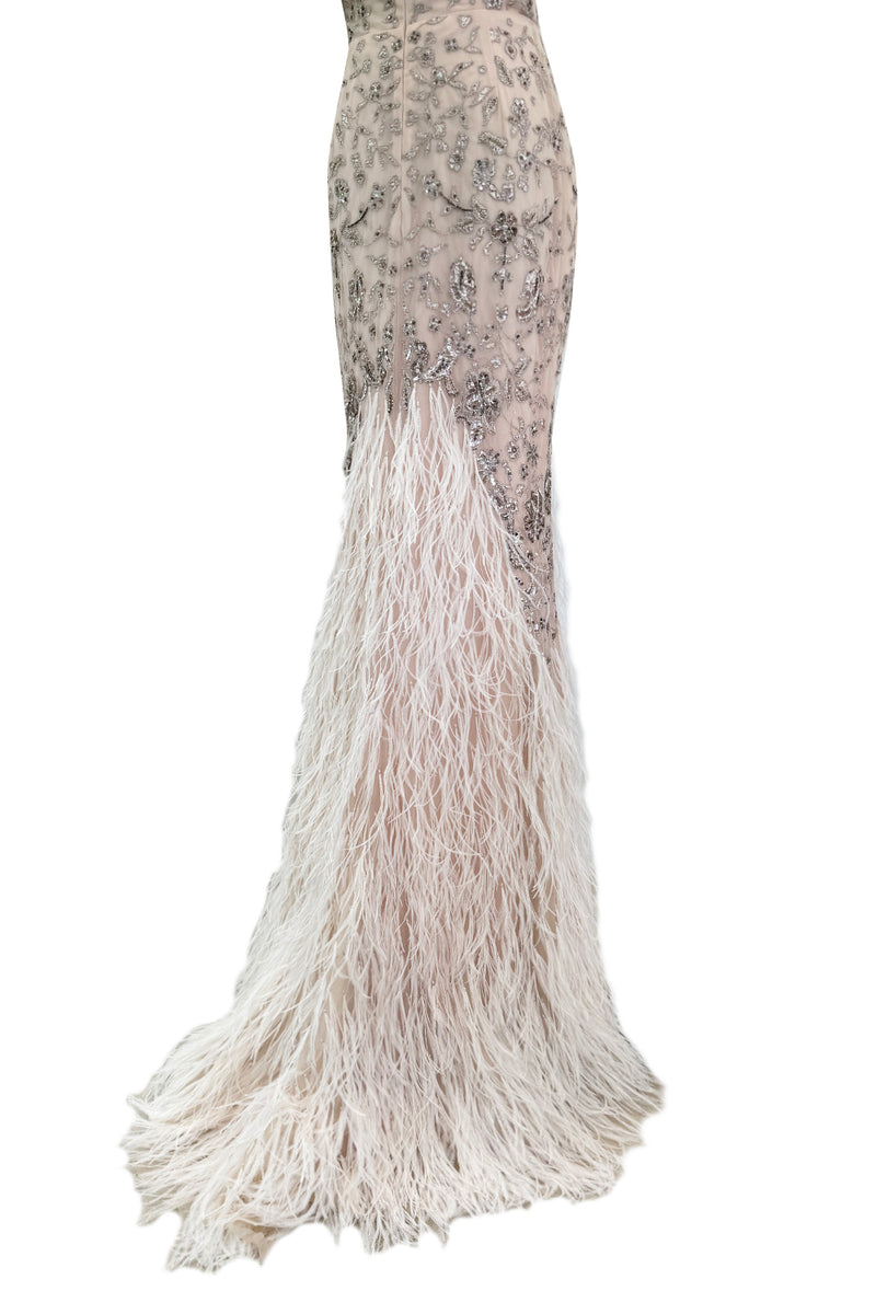 Dreamy Spring 2012 Oscar de la Renta Runway Look 47 Nude Pink Feather Dress w Silver Thread Flowers Detailing