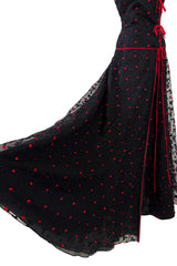 Fantastic 1970s Stavropoulos Wrap Skirt and Top Set w Embroidered Red Dots & Metallic Thread Pattern