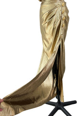 Iconic Fall 1991 Yves Saint Laurent Runway Slinky Gold Lame Dress w Gold Button Details