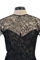 Incredible 1990s Oscar de la Renta Fine Black Lace Dress w Full Ruffled Skirt