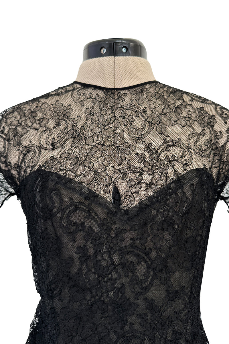 Incredible 1990s Oscar de la Renta Fine Black Lace Dress w Full Ruffled Skirt