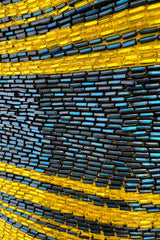 Exceptional 1960s James Galanos Yellow Silk Crepe w Blue & Yellow Beaded Back Cut Out Top