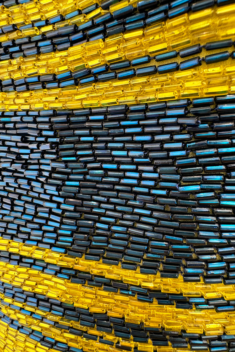 Exceptional 1960s James Galanos Yellow Silk Crepe w Blue & Yellow Beaded Back Cut Out Top