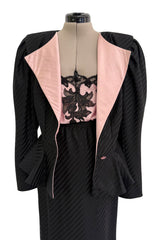 Fantastic Spring 1984 Emanuel Ungaro Haute Couture Black Stripe Jacket & Skirt Suit + Pink Camisole