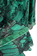 Well Documented Spring 1970 Unlabeled Thea Porter Green Butterfly Print Silk Chiffon Dress