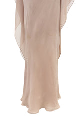 Fall 1975 Halston Runway Pale Neutral Bias Cut Silk Chiffon Dress W Ruffled & Open V Back