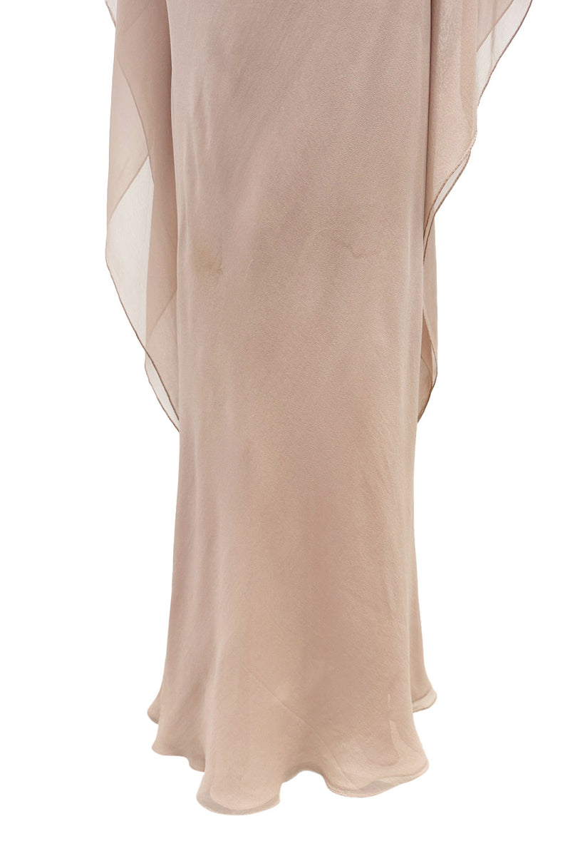 Fall 1975 Halston Runway Pale Neutral Bias Cut Silk Chiffon Dress W Ruffled & Open V Back