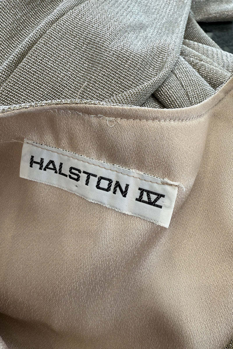 Fantastic 1970s Halston Metallic Silver Lame Lurex Full Length Caftan Dress w Notched Neckline