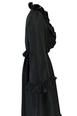 Dreamy 1970s Valentino Black Silk Wide Ruffled Hem Dress w Matching Wide Bell Sleeve Cropped Jacket